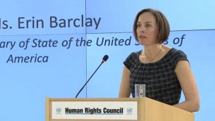 المبعوثة الامريكية ارين باركلاي تخاطب مجلس حقوق الانسان في الامم المتحدة، 1 مارس 2017 (Screen capture: UNHRC)