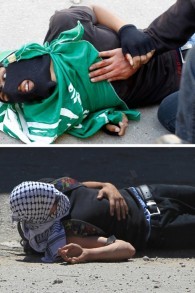 دمج لصورتين تظهران الشابان الفلسطينيان محمد أبو ضاهر (أعلى الصورة) ونديم نوارة (كلاهما 17 عاما)، ملقيان على الأض بعد تعرضهما لنيران أطلقها جنود إسرائيليين، 15 مايو، 2014. (AFP/Abbas Momani) 