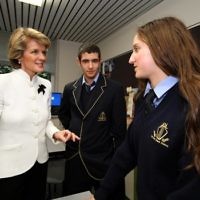 20-7-10. Deputy Oppostion Leader Julie Bishop at the King David School, with year 10 students Ella Loeffler and Ron Beliavski.