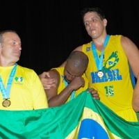 Brazilian basketballer Walter Souza is overcome with emotion after his team wins gold. Photo: Henry Benjamin.