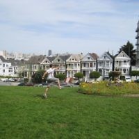 Abie Munz of St Kilda East, Victoria, marches to the tune of the Six Sisters in Alamo Square, San Francisco in March 2010. Abie Munz of St Kilda East, Victoria, marches to the tune of the Six Sisters in Alamo Square, San Francisco in March 2010.