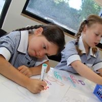 First day of school 2011. Gandel Besen House. Berry Shnider (left) and Hayley Kotlyar. Photo: Peter Haskin