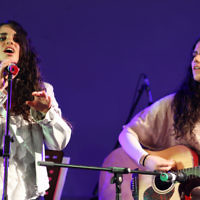 Yom Ha atzmaut 2011. Kochav Nolad winners Yarden (left) and Carmel Raz perform at the official concert held at the St Kilda Town Hall. Photo: Peter Haskin.