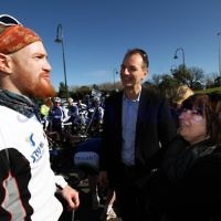Rally at Caulfield Park marking Gilad Shalit 5 years in captivity. Israeli around the world cyclist Roei "Jinji" Sadan talks with MPs David Southwick and Marsha Thomson. Photo: Peter Haskin