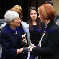13-12-11. Memeorial service for former Australian Governer General, Sir Zelman Cowen. Held at Temple Beth Israel, Alma Rd., East St Kilda. Lady Anna Cowen with Australian Prime Minister Julia Gillard. Photo copyright: AJN/Peter Haskin.
