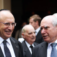 13-12-11. Memeorial service for former Australian Governer General, Sir Zelman Cowen. Held at Temple Beth Israel, Alma Rd., East St Kilda. Colin Rubenstein (left), former prime minister John Howard.  Photo copyright: AJN/Peter Haskin.