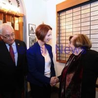 26-7-12. Australian Prime Minister Julia Gillard meets with Survivor Kitia Altman at the Jewish Holocaust Museum in Melbourne. Michael Danby looks on. Photo: Peter Haskin