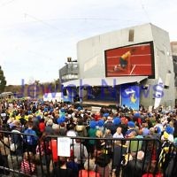 22-8-12. A packed Federation Square in Melbourne welcomes home Australia's medalists from the London 2012 Olympics.  Steve Solomon on the big screen. Photo: Peter Haskin