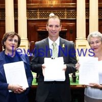 8-2-12. State Member for Caulfield, David Southwick pictured with Sharene Hambur (left) and JCCV President Nina Bassat in Victorian Parliament Chambers where a petition against the BDS movement is being being tabled by David Southwick. Photo: Peter Haskin 8-2-12. State Member for Caulfield, David Southwick pictured with Sharene Hambur (left) and JCCV President Nina Bassat in Victorian Parliament Chambers where a petition against the BDS movement is being being tabled by David Southwick. Photo: Peter Haskin