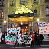 5-6-12. Anti Israel protest outside the Hotel Windsor, Melbourne at the annual ZCV Yom Ha atzmaut cocktail party. Photo: Peter Haskin