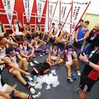 11-5-13. AJAX defeated Old Haileybury at Princes Park, Caulfield. Coach Leigh McQuillen addresses the players after the game. Photo: Peter Haskin