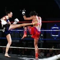 5-10-13. Road to Rebellion 2. Muay Thai boxing at Power House, Albert Park. Tali Silberman (right) v Claire Foreman. Foreman defeats Silberman in unamimous points decision. Photo: Peter Haskin