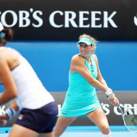 19-1-14. Australian Open Womens doubles. Round 4. Shahar Peer (ISR)/Silvia Soler-Espinosa (ESP) def Lucie Hradecka (CZE)/Michaella Krajicek (NED) 4-6 7-6 6-2. Photo: Peter Haskin