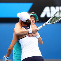 19-1-14. Australian Open Womens doubles. Round 4. Shahar Peer (ISR)/Silvia Soler-Espinosa (ESP) def Lucie Hradecka (CZE)/Michaella Krajicek (NED) 4-6 7-6 6-2. Photo: Peter Haskin