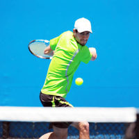 8-1-14. Australian Open Qualifying round 1. Amir Weintraub (ISR) lost to Pierre Hugues-Herbert (FRA) 7-6 4-6 6-8. Photo: Peter Haskin
