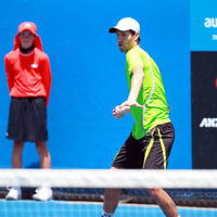 8-1-14. Australian Open Qualifying round 1. Amir Weintraub (ISR) lost to Pierre Hugues-Herbert (FRA) 7-6 4-6 6-8. Photo: Peter Haskin