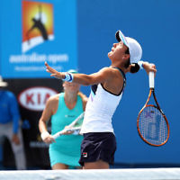 15-1-14. Australian Open 2014. Womens Doubles. Round 1. Shahar Peer (ISR)/Silvia Soler-Espinosa (ESP) def Yung-Jan Chan (TPE)/Janette Husarova (SVK) 7-5 4-6 6-4. Photo: Peter Haskin