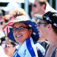 13-1-14. Australian Open. Round 1. Day 1. Dudi Sela (ISR) lost to Jarkko Niemimen (FIN) 6-3 6-7 7-6 6-3 6-3. Sela supporters in the crowd. Photo: Peter Haskin