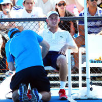 13-1-14. Australian Open. Round 1. Day 1. Dudi Sela (ISR) lost to Jarkko Niemimen (FIN) 6-3 6-7 7-6 6-3 6-3. Photo: Peter Haskin