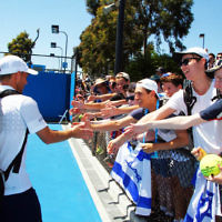 13-1-14. Australian Open. Round 1. Day 1. Dudi Sela (ISR) lost to Jarkko Niemimen (FIN) 6-3 6-7 7-6 6-3 6-3. Dudi Sela with his fans. Photo: Peter Haskin