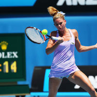14-1-14. Australian Open. Day 2. Round 1 womens singles. Camila Giorgi (ITA) def Storm Sanders (AUS) 4-6 6-1 6-4. Photo: Peter Haskin 14-1-14. Australian Open. Day 2. Round 1 womens singles. Camila Giorgi (ITA) def Storm Sanders (AUS) 4-6 6-1 6-4. Photo: Peter Haskin