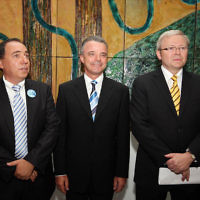 Parliamant House cocktail reception for Israel's 60th. from left: Yuval Rotem, Brendan Nelson, Kevin Rudd. photo: peter haskin Parliamant House cocktail reception for Israel's 60th. from left: Yuval Rotem, Brendan Nelson, Kevin Rudd. photo: peter haskin