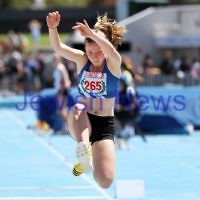 16-2-14. 2014 Victorian Junior Athletics Championships. Lakeside Stadium. Piper Montag on her way to winning the U 15 Women's Triple Jump. Photo: Peter Haskin 16-2-14. 2014 Victorian Junior Athletics Championships. Lakeside Stadium. Piper Montag on her way to winning the U 15 Women's Triple Jump. Photo: Peter Haskin