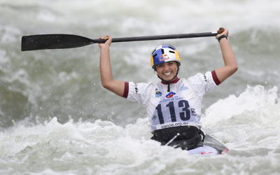 Jessica Fox celebrates after her historic double-gold in C1 and K1 events at the World Championships in September. Photo: Delly Carr