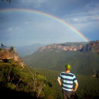 Dovi Broner admires the view, including a spectacular rainbow, in the Blue Mountains, NSW. Dovi Broner admires the view, including a spectacular rainbow, in the Blue Mountains, NSW.