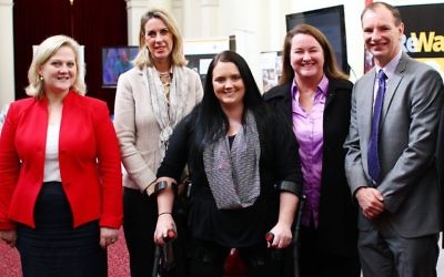 9-6-15. Israel medical innovation exhibtion at Parliament house , Victoria. From left: Margaret Fitzherbert, Georgie Crozier, Kristee Shepherd, Mary Wooldridge, David Southwick. Photo: Peter Haskin