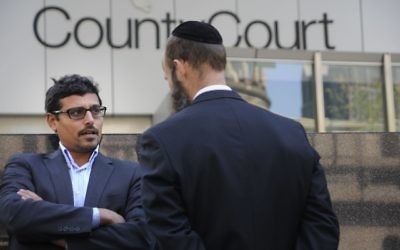 Manny Waks and AVB outside the County Court in Melbourne where the Royal Commission hearings into child sexual abuse were held.