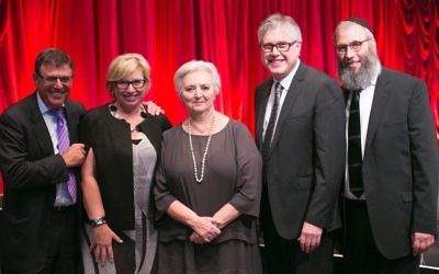 From left: co-president Gary Cohen, Rosie Batty, Nora Goodridge, co-president Roger Clifford and Rabbi Mendel Kastel at the gala dinner. Photo: Nadine Saacks