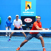 23-1-16. Australian Open 2016. Day 6. Mens doubles round 2. Dominic Inglot (GBR) [11] Robert Lindstedt (SWE) [11] defeats Eric Butorac (USA) Scott Lipsky (USA) 7-6(5) 6-7(5) 6-4 . Photo: Peter HaskinCompleted Photo: Peter Haskin