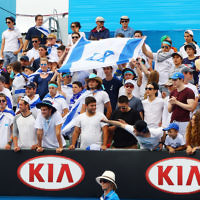 23-1-16. Australian Open 2016. Dudi Sela fans. Israeli flags. photo: peter haskin