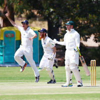 6-3-16. Maccabi Cricket Third XI fielding. Semi final against Parkville at Flemington Rd Oval. Photo: Peter Haskin