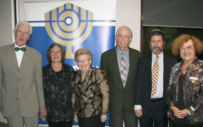 From left: Dr Peter Schiff OAM (chairman of the Menorah Awards committee), Bev Gelbart, Hilda Rosner, Leonid Shvartsman, Iain Messer, and Faye Haskin-Dubrowin (B’nai B’rith Victoria president). Photo by Dr Paul Gardner.