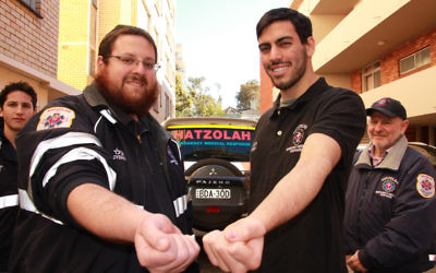Hatzolah of Sydney president Rabbi Mendy Litzman and volunteer first responder Tzvi Eliezer Berman (centre) are participating in the Emergency Services Blood Challenge this winter, urged on by volunteers Daniel Balkin (left) and Joe Weijnstein (right). Photo: Shane Desiatnik.