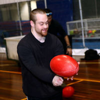 15-6-16. AFL multi cultural round. Members of Maccabi All Abilities working on their football skills at the Collingwood Footbal Club. Photo: Peter Haskin
