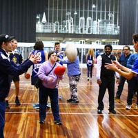 15-6-16. AFL multi cultural round. Members of Maccabi All Abilities working on their football skills at the Collingwood Footbal Club. Photo: Peter Haskin