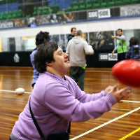 15-6-16. AFL multi cultural round. Members of Maccabi All Abilities working on their football skills at the Collingwood Footbal Club. Photo: Peter Haskin