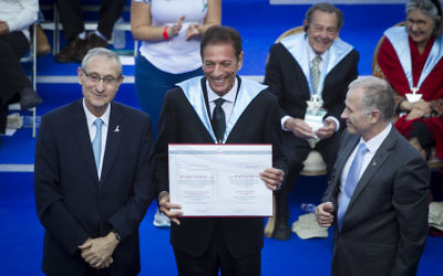 Stuart Silbert (centre) with Hebrew University president Prof Menahem Ben-Sasson and Prof Asher Cohen, Rector of the Hebrew University of Jerusalem.