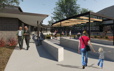 An artist's impression of the courtyard looking back at the proposed new ACT Jewish Community building.