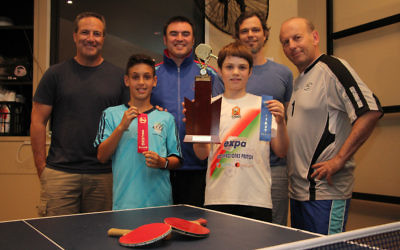 Front: 2016 Maccabi NSW Table Tennis Club Junior Championships runner-up Coby New (left) and winner Luca Calderon-Havas. Back row: David New, club coach Guy Fainbloom, Petrie Calderon and club president Danny Beran.
Photo: Shane Desiatnik