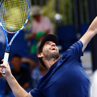 11-1-17. Israel’s Amir Weintraub went down in straight sets 2-6 2-6 to Ivan Dodig from Croatia in the first round of qualifying for the Australian Open. Photo: Peter Haskin