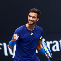 14-1-17. Aus Open qualifying round 3. Noah Rubin def Evgeny Donskoy 6-2- 6-4 to move into the main draw. Photo: Peter Haskin