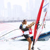 6-12-16. Sailing World Cup Final, Melbourne 2016. Women RS-X (wind surfing). Israeli Noy Drihan. Photo: Peter Haskin
