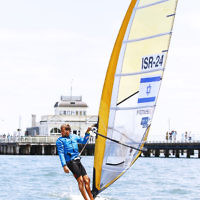 10-12-16. Sailing World Cup Final, Melbourne 2016.  Men RS-X (wind surfing). Israel's Yoav Omer (24). Photo: Peter Haskin