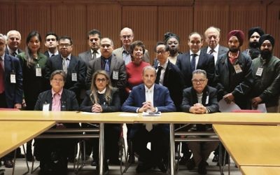 NSW Jewish Board of Deputies CEO Vic Alhadeff (centre) with representatives of other community groups at NSW Parliament House in 2016.