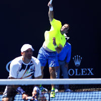 19-1-17. Australian Open 2017. Mens doubles. Scott Lipsky serving with Jonathan Erlich . Photo: Peter Haskin