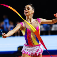 2-6-17. 2017 Australian Gymnastics Championships. Hisense Arena. Junior International Rythmic Gymnastics, Rashelle Feldman, ribbon. Photo: Peter Haskin 2-6-17. 2017 Australian Gymnastics Championships. Hisense Arena. Junior International Rythmic Gymnastics, Rashelle Feldman, ribbon. Photo: Peter Haskin